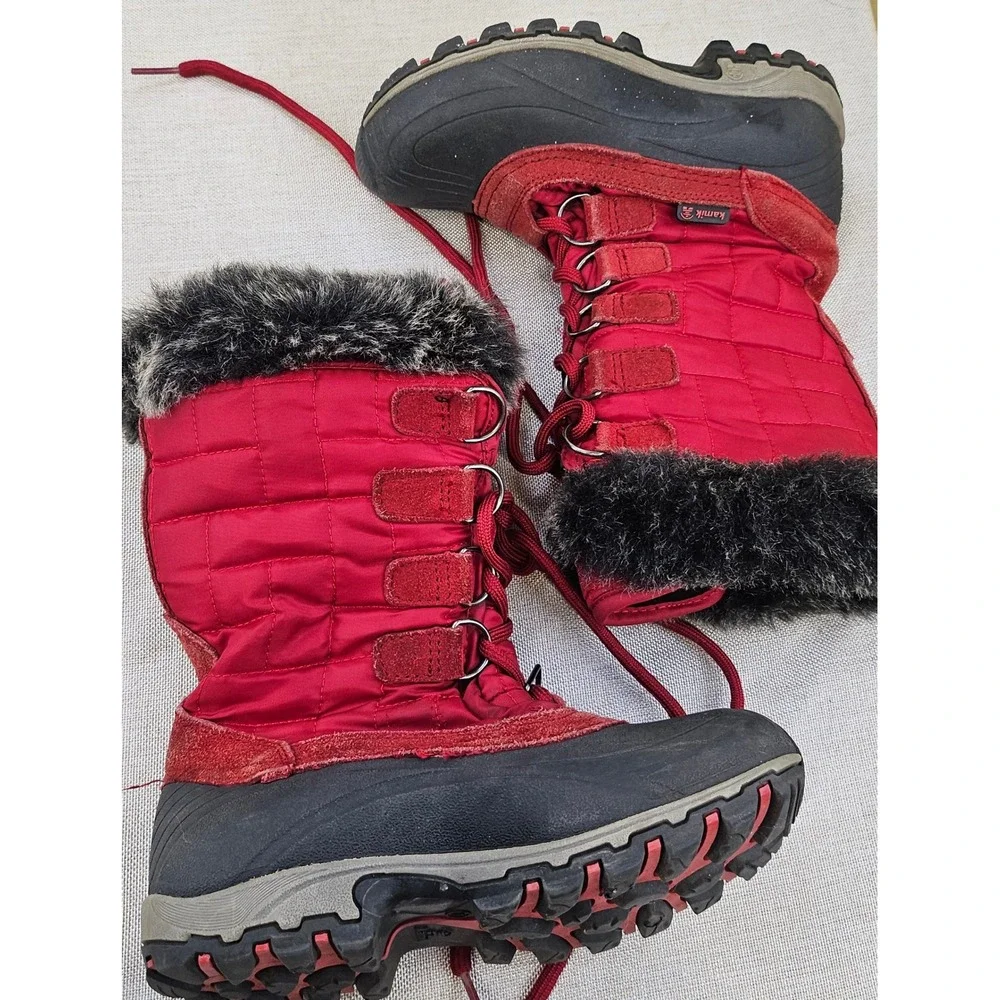 Kamik Scarlet Waterproof Insulated Winter Snow Boots Red Fur Trim Kids Sz 1 READ